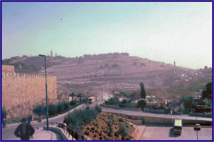 Looking past the southeast corner of Jerusalem at the Mt. of Olives